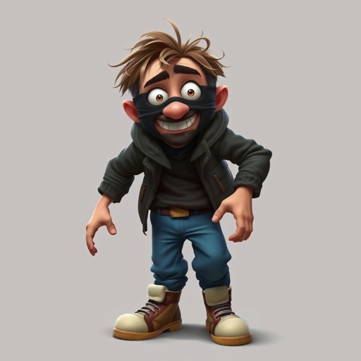 Create a funny looking clumsy sandwhich thief with funny shoes on. Make him have on the bandit black thing around his eyes 