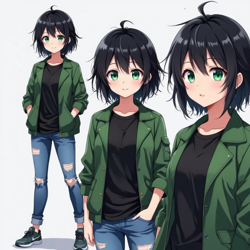 Short black hair. Jade green eyes. Black t-shirt. Green jacket. Torn jeans. Sport shoes. 13 years old girl.