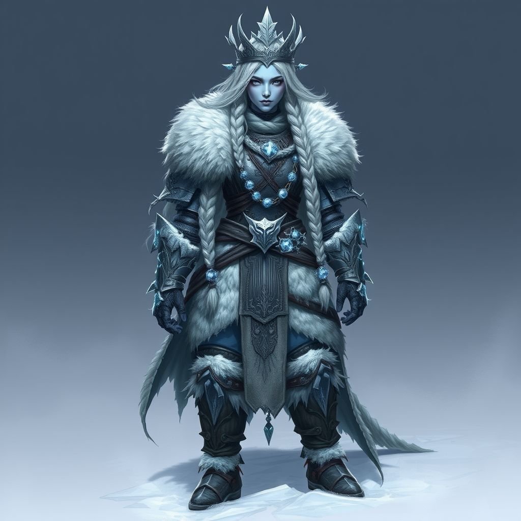 A battle-hardened woman with icy-blue skin. Her long silver hair flows in braids tipped with frozen beads. She wears heavy, fur-lined armor made from the hides of snow beasts. A frost-shaped crown rests lightly on her head. Please show whole character not just waste up. Need to see her shoes also…