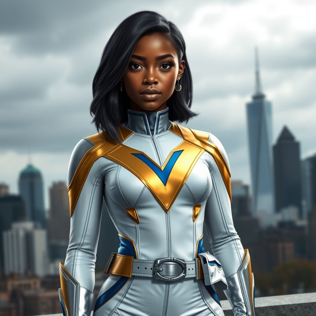 A teenage African American female superhero with hair in a shoulder length side part style  wearing a partially  white and Gold suit with blue accents and a stylized V as her chest emblem a utility belt and silver boots standing in Philadelphia during a cloudy day  