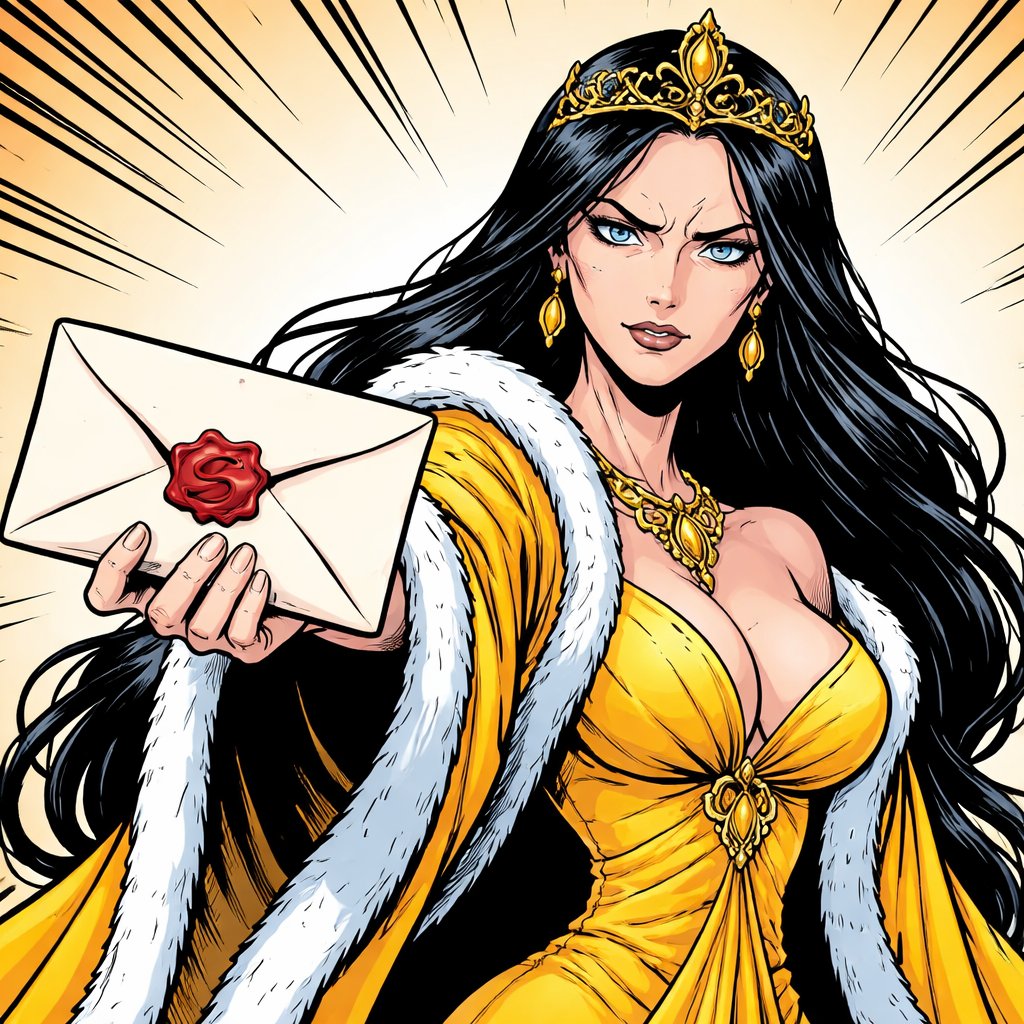 A slim with small breasts with a unpleasant expression in a yellow robe with a golden hair dress she has a long, long black hair she holds a letter outward in her right hand she is facing the camera. She is a mediaeval countess