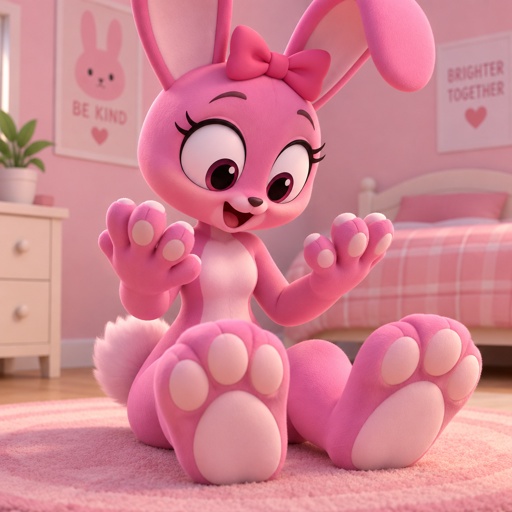Pinki from Sprunki as her kind wererabbit self noticing that she is getting bigger and stronger with her feet looking like wererabbit paws and her hands looking the same all for Jevin from Sprunki 