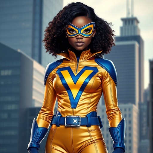 A teenage African American female superhero wearing a domino style mask with slightly curly hair in a shoulder length side part style wearing a polyester and leather gold suit with blue accents gold pants and a stylized V as her chest emblem a utility belt and blue boot heel less standing in Philadelphia