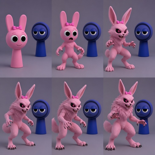 Pinki from sprunki starting to turn into her kind Wererabbit self in front of Jevin from sprunki with her legs and tail transforming and then her arms and then her ears and her neck gets fluffy and then she’s fully transformed with her eyes being black and pink