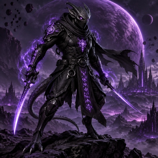 A alien beast in a futuristic black ninja Assassin space suite. On a dark purple planet background 
