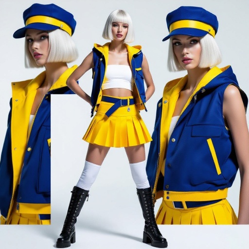 A stylish young woman with platinum blonde bob-cut hair, wearing a sleek indigo and yellow outfit inspired by futuristic street fashion. She wears a fitted indigo cap with a bold yellow band, a sleeveless indigo and yellow hooded vest left open to reveal a low-cut white tube top. Her yellow pleated mini skirt has indigo accents and a matching belt. She also wears white torn thigh-high leggings and tall black lace-up combat heel boots. The lighting is studio-bright with a clean background, emphasizing her confident pose and the sharp contrast of the outfit colors.