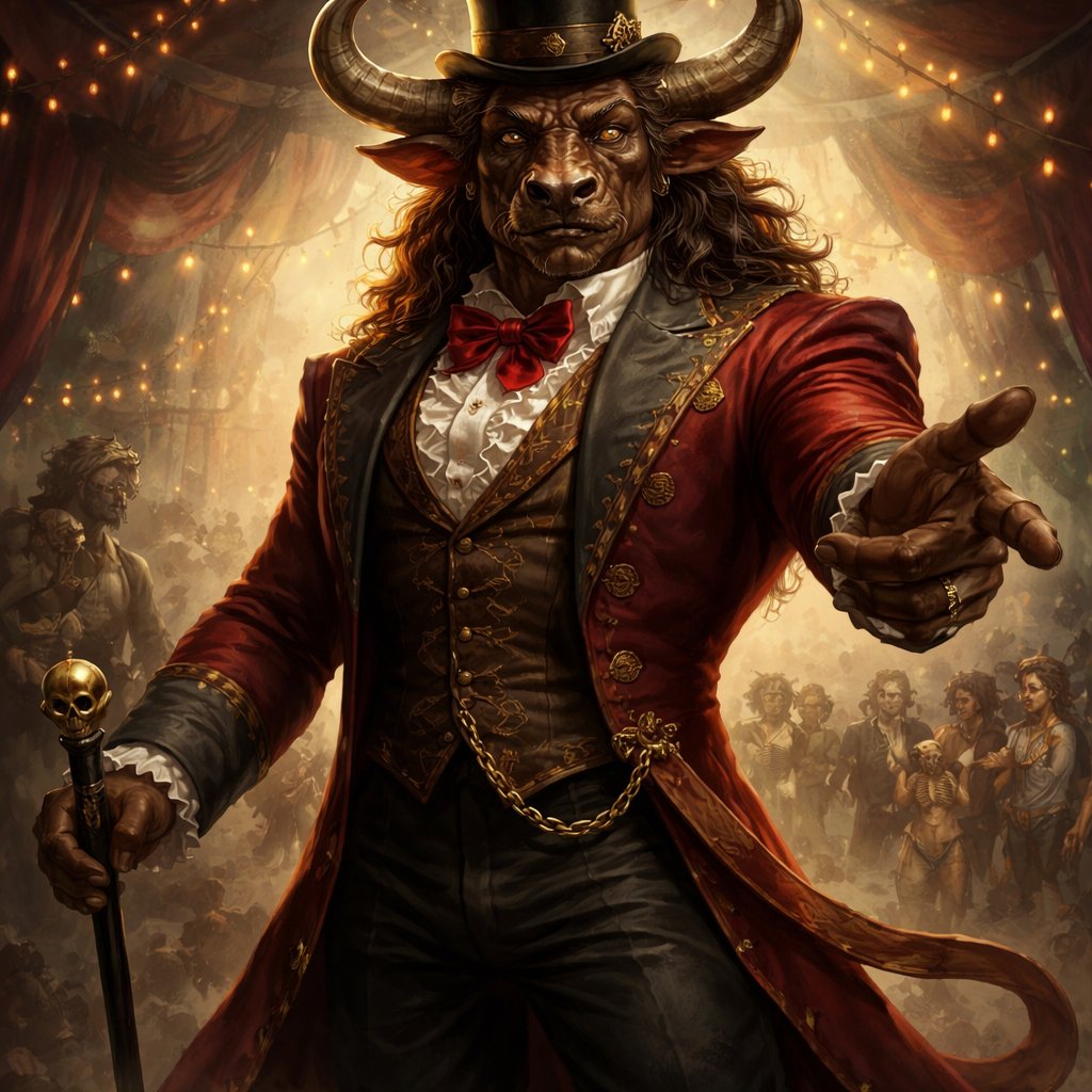 A captivating chestnut brown male Minotaur that’s 6 1/2 feet tall with well~proportioned figure/body with deep set cattle like brown eyes, large powerful gleaming horns like his fathers, a long tail. He works at freak show as the ringmaster and his abilities are Reality Rejection, Time Manipulation (Chronokineses), Zoolingualism (Language of Cattle only), Human Speech. His outfit consists of a crimson tailcoat, frilly shirt, stunning grey blazer, black pants and top hat. His face surely looks like a cross between a human and a Cretan Cattle. His mother is a human with half-animal (Cretan Cattle) physiology and his father is a Cretan Bull.