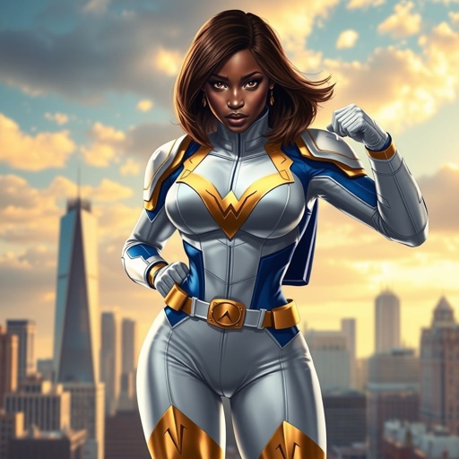African American female superhero with hair  in a shoulder length side part hairstyle with pure Gold Glowing eyes wearing  slightly armored white royal blue and gold accented suit with white pants and gold knee length boots with a utility belt with a gold V  as her chest emblem in Philadelphia 