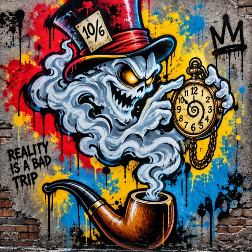 A ghost coming out of a tobacco pipe like smoke  with the mad hatter hat on is checking his pocket watch that is going crazy