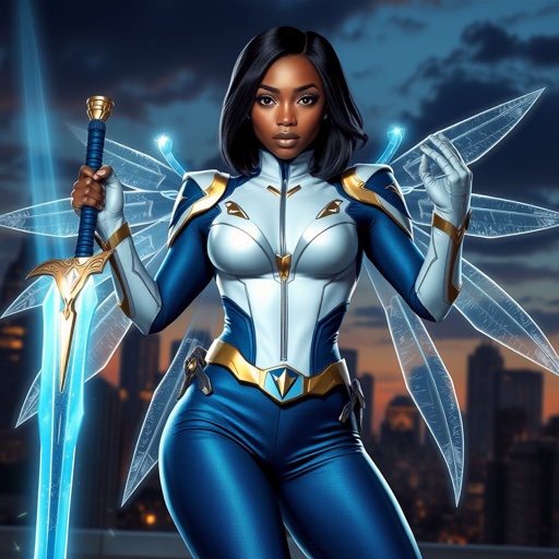 African American female superhero with shoulder length hair in a side part style and holographic wings wearing a homemade white and blue suit with gold accents and blue pants with a stylized V as her chest emblem wearing gold flat boots  made of gold fire holding a large glowing broadsword in one hand standing in Philadelphia at dusk