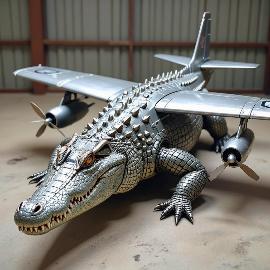 Crocodile with an airplane as its body