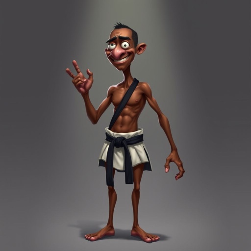 Create a character who looks like a funny African karate guy who doesn’t have a clue what he is doing. Make him have weird toes, only speedos on and a black karate belt. Make him tall skinny and slinky.
