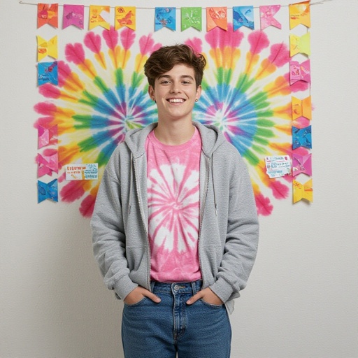 Eccentric non binary 18 year old In jeans a Hoodie and an pink tye/die t shirt