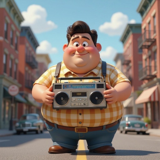 Create a funny fat guy who is from New York  has a boom box radio , make it Toy Story graphics  
