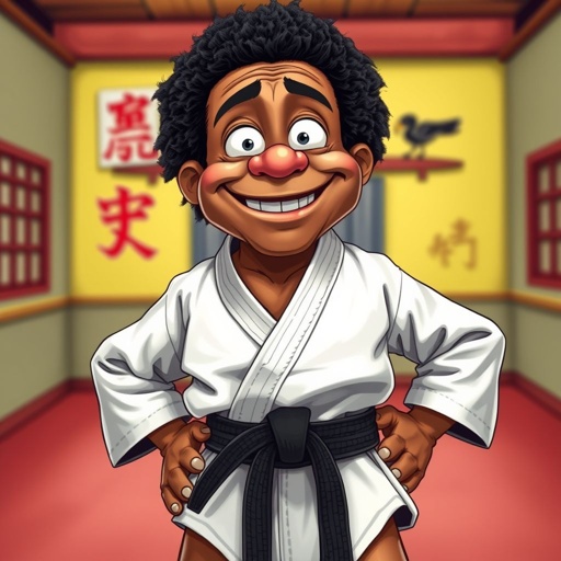 Create a character who looks like a funny African karate guy who doesn’t have a clue what he is doing. Make him have weird toes, only speedos on and a black karate belt.