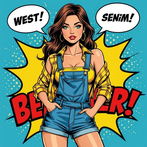 Light brown hair babe in denim mini skirt overalls and tube top. Green eyes Yellow unbuttoned flannel 