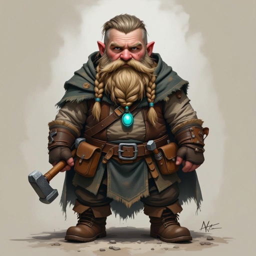 Create a stocky dwarf with a weathered face, braided beard tucked into his belt, and straw-tousled hair. Wears a soot-stained cloak over a leather smith’s vest, tool belt with hammer and chisels, heavy boots. Subtle turquoise rune glow from a pebble at his neck,