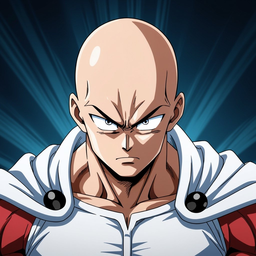 Make Saitama staring at the camera angrily with white eyes huge muscles and intense shading on his body
