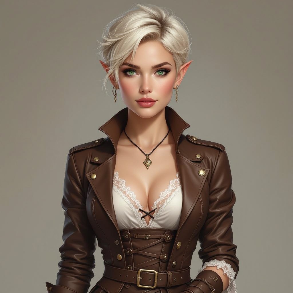 π¨ Ffionna Baelyn β Integrated Lace Underdress Variant Semi-realistic fantasy portrait of Ffionna Baelyn, a female High Elf rogue assassin with an athletic, slender build. She has a short blonde pixie cut with layered texture and side-swept fringe, fair ivory skin with warm undertones, and bright green eyes with faint gold flecks. Her cropped brown leather jacket is cut at her chest with brass buckles and corset fastenings. Beneath her armor, she wears a fitted silver-white sheer lace underdress β thin, semi-transparent, and close to her body β visible at the neckline, sleeves, and lightly through the upper thighs beneath her leather layers. Her short black-brown leather skirt is solid and structured, with no lace on its surface, designed for movement and precision. The lace acts as a base layer, subtly glowing in soft light. She wears fingerless gloves and thigh-high strapped boots. Lighting is soft and cinematic with a neutral background, full-body to shins, following the 8-heads rule.