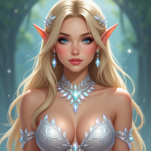 A blonde female elf with big boobs in a crystal bra