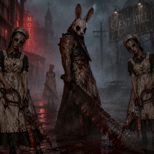 Silent Hill with pyramid head and the nurses with an Alice and wonderland spin