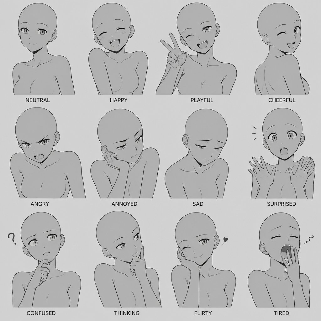 Different face expressions half body drawing base, dynamic