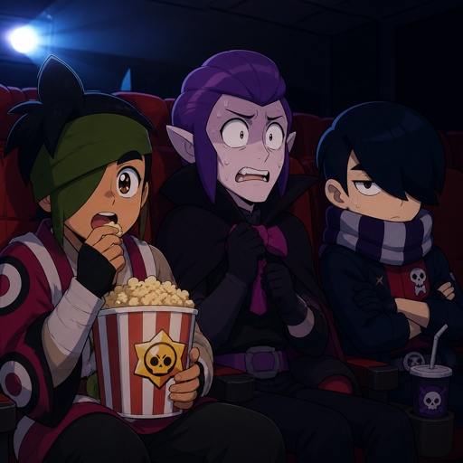 Kenji, mortis, and Edgar from brawl stars, watching a movie in a theatre , Kenji’s eating popcorn, Mortis is scared