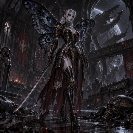A gorgeous alien butterfly woman in a futuristic space samurai armor. Show whole body. 