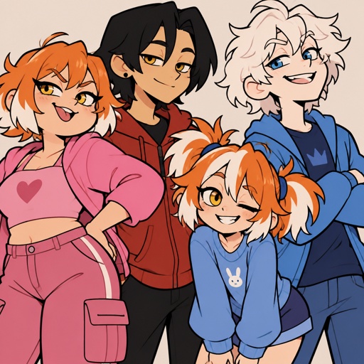 Female, teen, short orange hair white tips, slightly chubby, yellow eyes, wears pink, sassy, Male, smile, Asian, smile, neck length black hair, yellow eyes, eyeliner, wears red casual clothes, small mouth, Male, irritated, fluffy white hair, big blue eyes, long smile, snobby, wears blue, Female, smile, yellow eyes, orange and white messy pigtails, short, wears blue, one droopy eyelid
