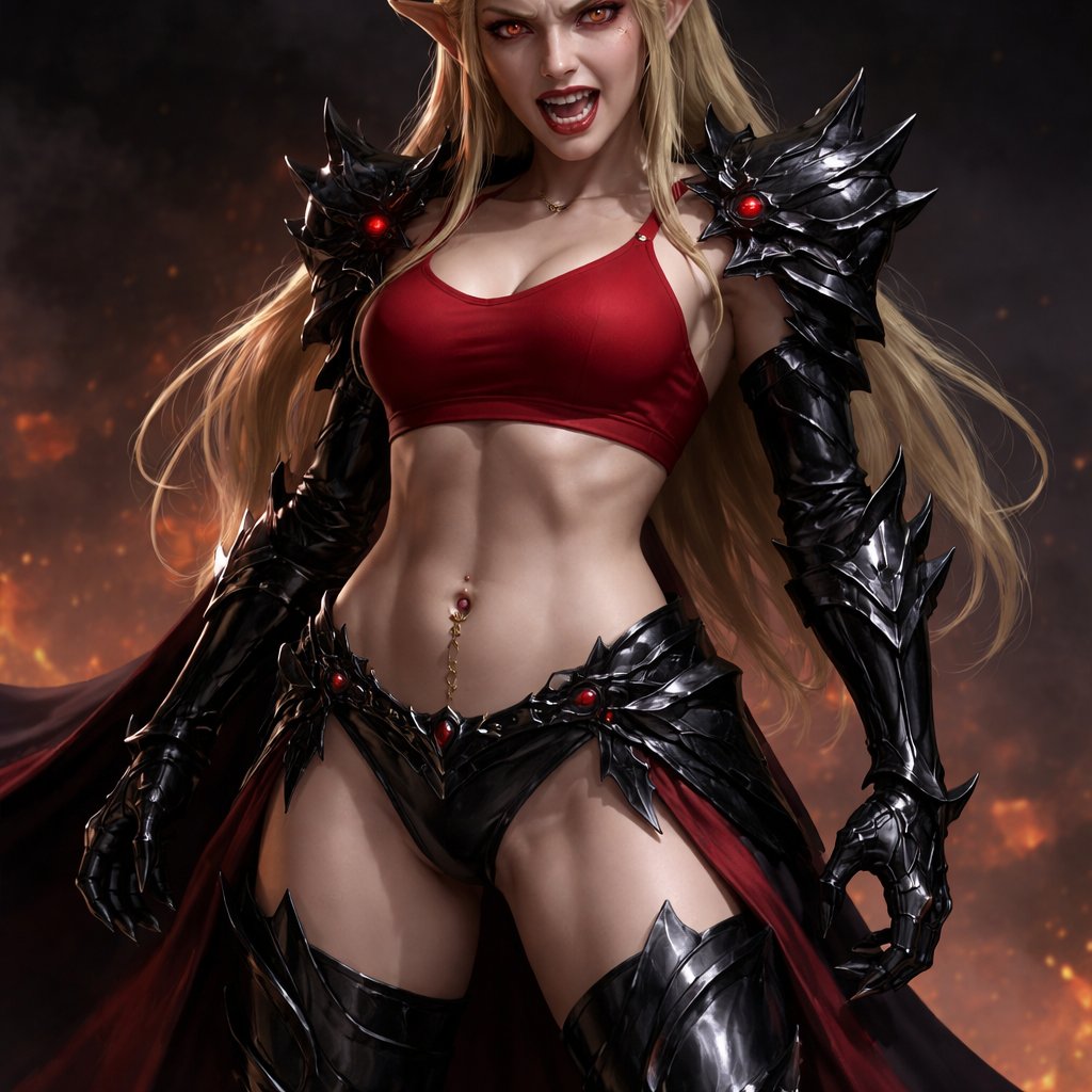 Evil Princess Zelda in a sports bra with a navel piercing chain and black armour on her legs and shoulders snarling