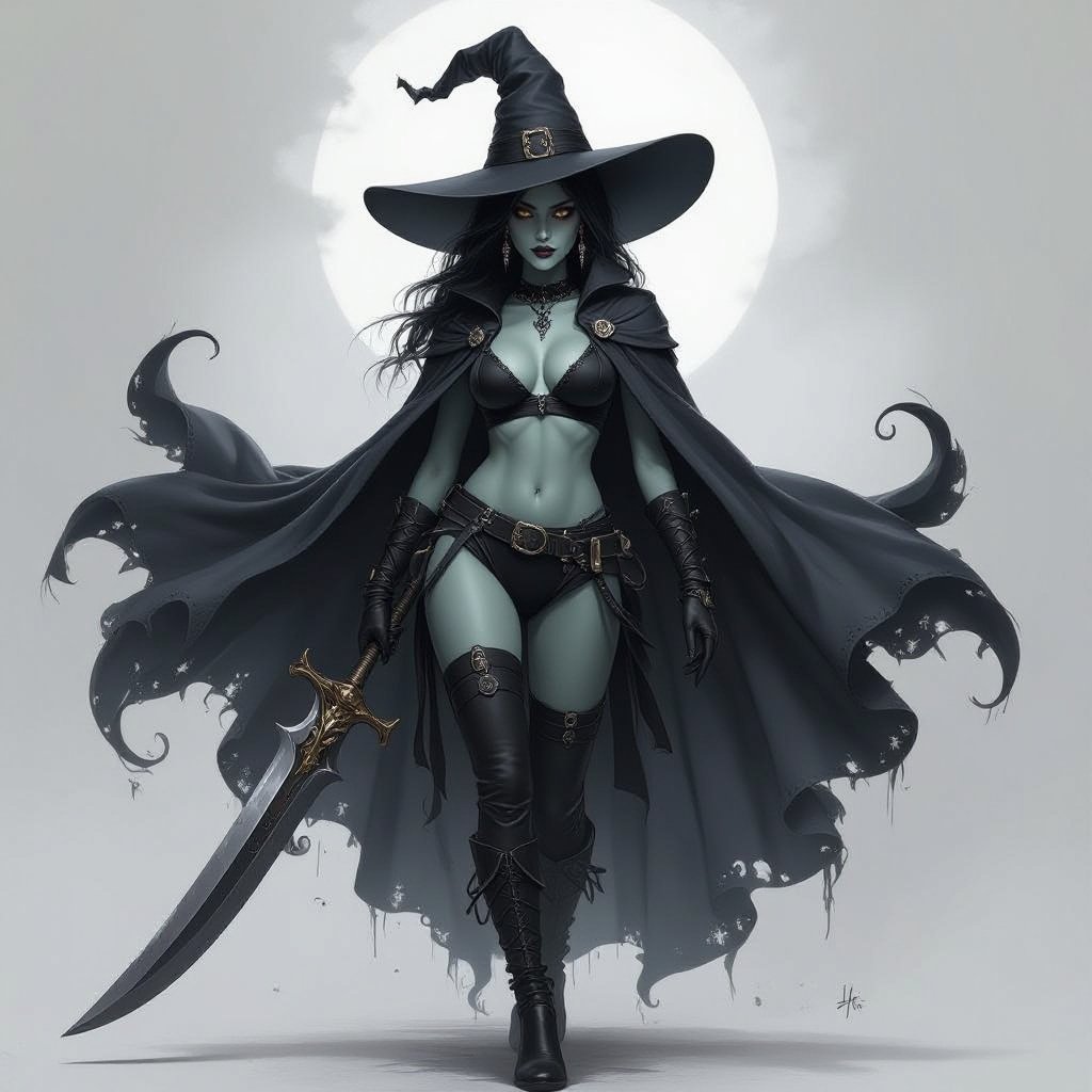 sexy shadow demon witch gypsy slate grey skin large black billowing cloak that emits darkness and shadow. Two piece. Witches Hat.  Wields Flamberge