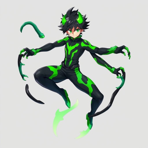 Izuku Deku Midoriya with limbs similar to a symbiote from marvel’s Venom and Carnage but with the colors green and black