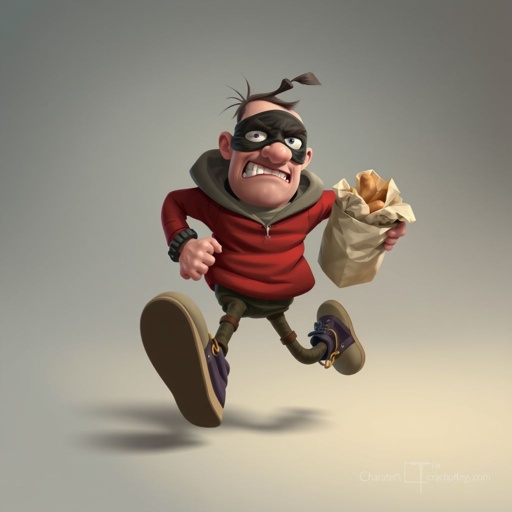 Create a funny looking clumsy thief with funny shoes on. Make him have on the bandit black thing around his eyes. And wanted for stealing sandwiches 