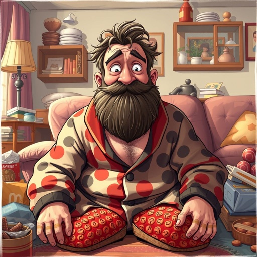 Create mid 30 character who is lazy as heck. And you could tell from his face and his entire outfit. Make is funny and the style of the graphic photographic