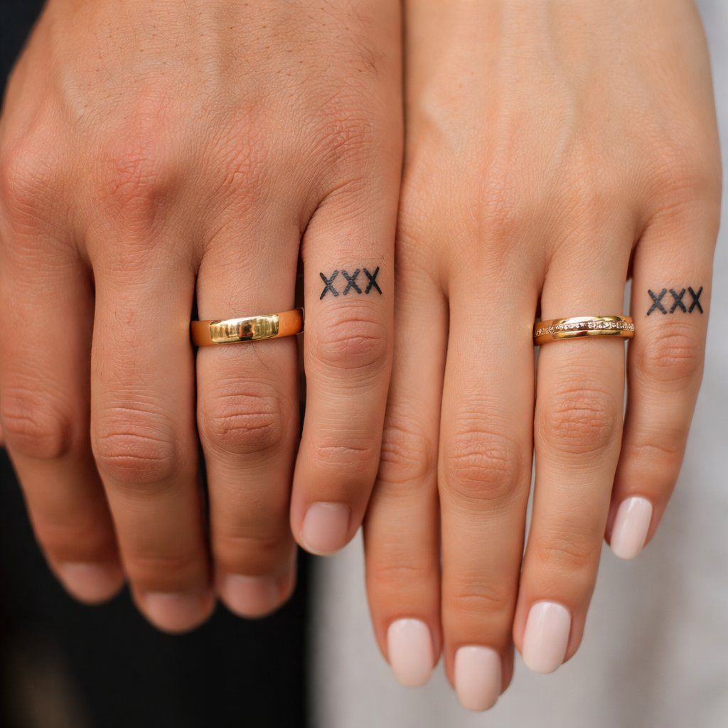 husband and wife tattoos 3 cross’s wedding rings on fingers