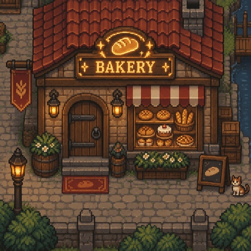 Bakery for a fantasy game set in modern times, exterior, top-down style,