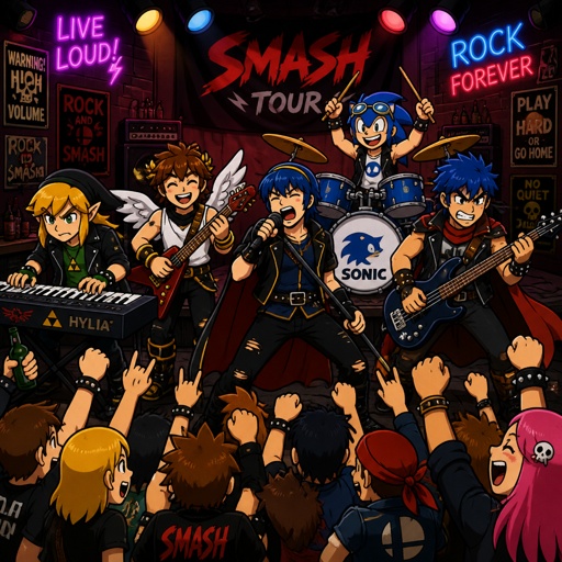 Super smash brothers link from legend of Zelda, pit from kid Icarus, Marth from fire emblem, Ike from fire emblem, Sonic as a human from sonic the hedgehog . There in a band, Marth singer really loud ,pit playing the guitar closing his eyes very happy ,Ike playing the bass with aggressive face expression, Sonic the hedgehog as a human playing the drums grinning,link playing the electric piano smiling intense eyebrows, there singing in a bar, there all wearing rock and roll clothes lots of cheering all aggressively singing awesome rock music 
