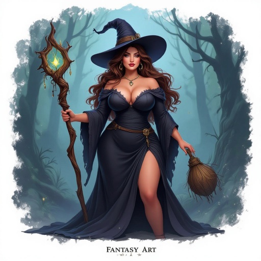 A curvey plus size witch with long hair and a witch hat