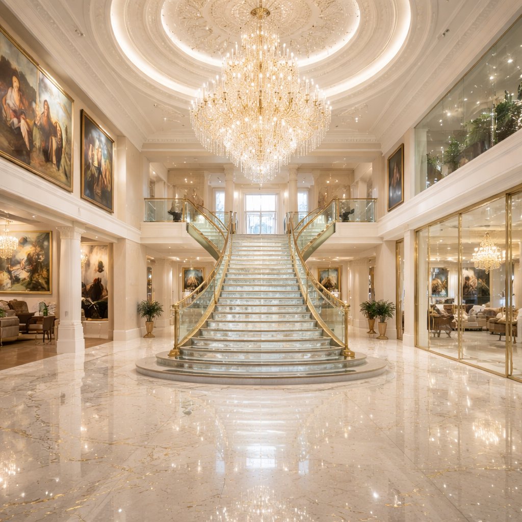 A huge room and has white floors and has gold and silver specks on the wall. In the center of the room are stairs. The steps of the stairs are made from glass. Up in the ceiling is a big chandelier. To the left of the room is a room where you can see paintings of people and landscape paintings. To the right you can see a big open room behind glass doors that looks to be wide.