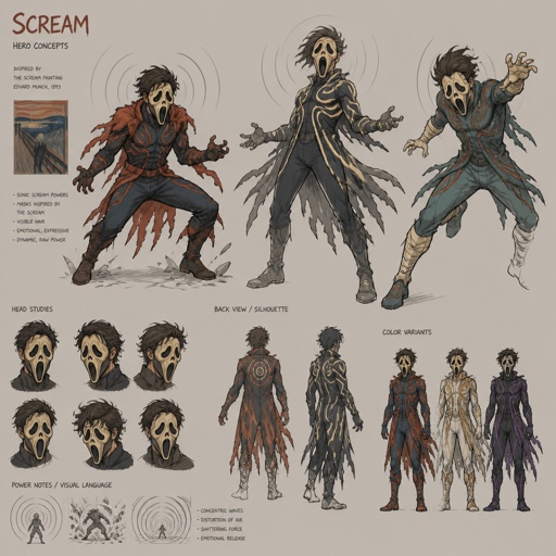 Male superhero with scream powers, mask looks like the the scream painting hair showing, multiple of the same character 