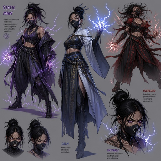 Female supervillain with static abilities, mask,nose ring, BPD, Asian, multiple of the same character 