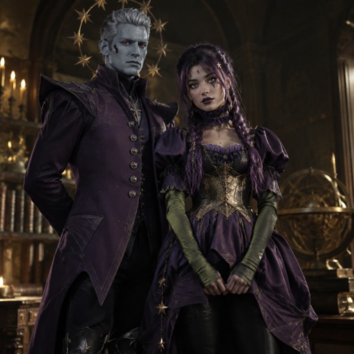 Male, grey short slick pointy back hair, light blue skin, completely full red eyes, red eyes, halo of gold stars surrounding head, purple long coat buttoned up, purple shirt and collar, shirt sleeves over palms, tall boots, black pants, blue details on clothes, pointy shoulder pads dark purple, Female, purple braids, messy bangs, one red eye the other green, black triangle under eyes, stars on face, dark purple lipstick,  purple dress with a short front, puffy short sleeve, gold corset, long green sleeves, green details on clothes, stars on top, ruffled collar, black pants