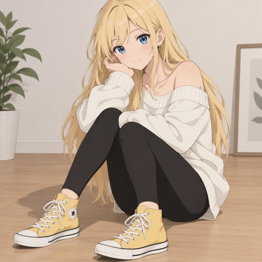 CREATE AN ANIME GIRL WITH LONG BLONDE HAIR,BLUE EYES,WHITE SWEATER,SHOULDERS SHOWING,BLACK LEGGINGS,SOFT YELLOW CONVERSE