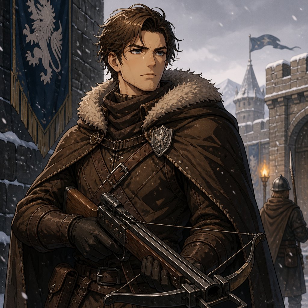 D&D Male Human Guard in brown Winter clothes, wielding a crossbow, in his early thirties