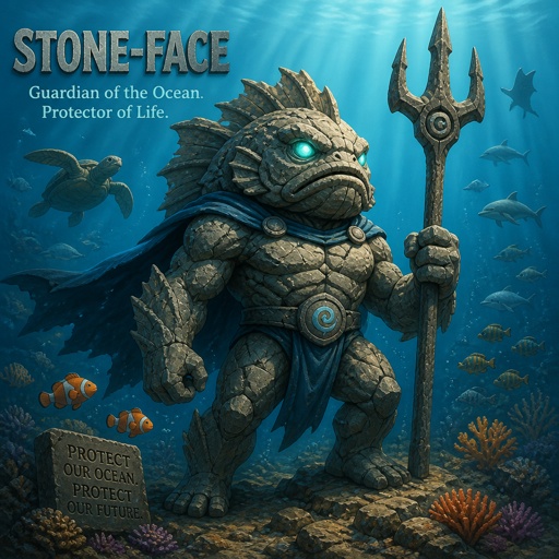 He name is stone-face, he is a stone fish, transformed into a superhero to help stop extinction of marine life. He has that stone like body 