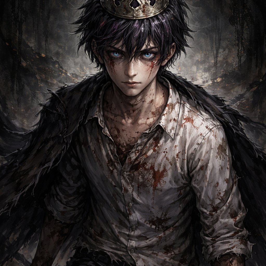 An 18 year old boy who has black hair with purple stripes and blue eyes. He is wearing a white shirt that is covered by dirt and black pants. He has a small silver crown on his head. He looks determined.