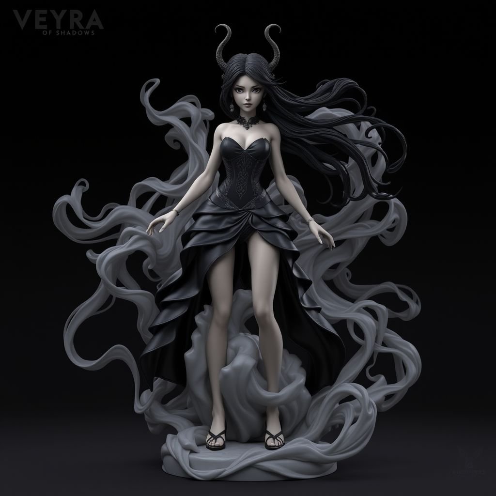 Create character hero Veyra of Shadows – A lithe, mysterious woman draped in layered black silks that move like smoke around her. With jet-black hair. Show her whole body head to toe including her shoes.
