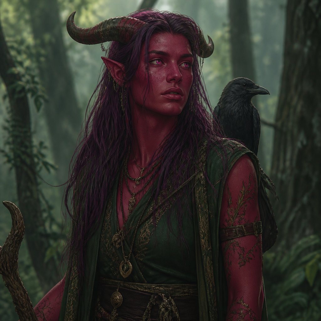 Non binary female looking Tiefling-Druid, red-pink-ish skin, purple-red very long hair, pink eyes, about 1,85 m high, with (dark) green clothing