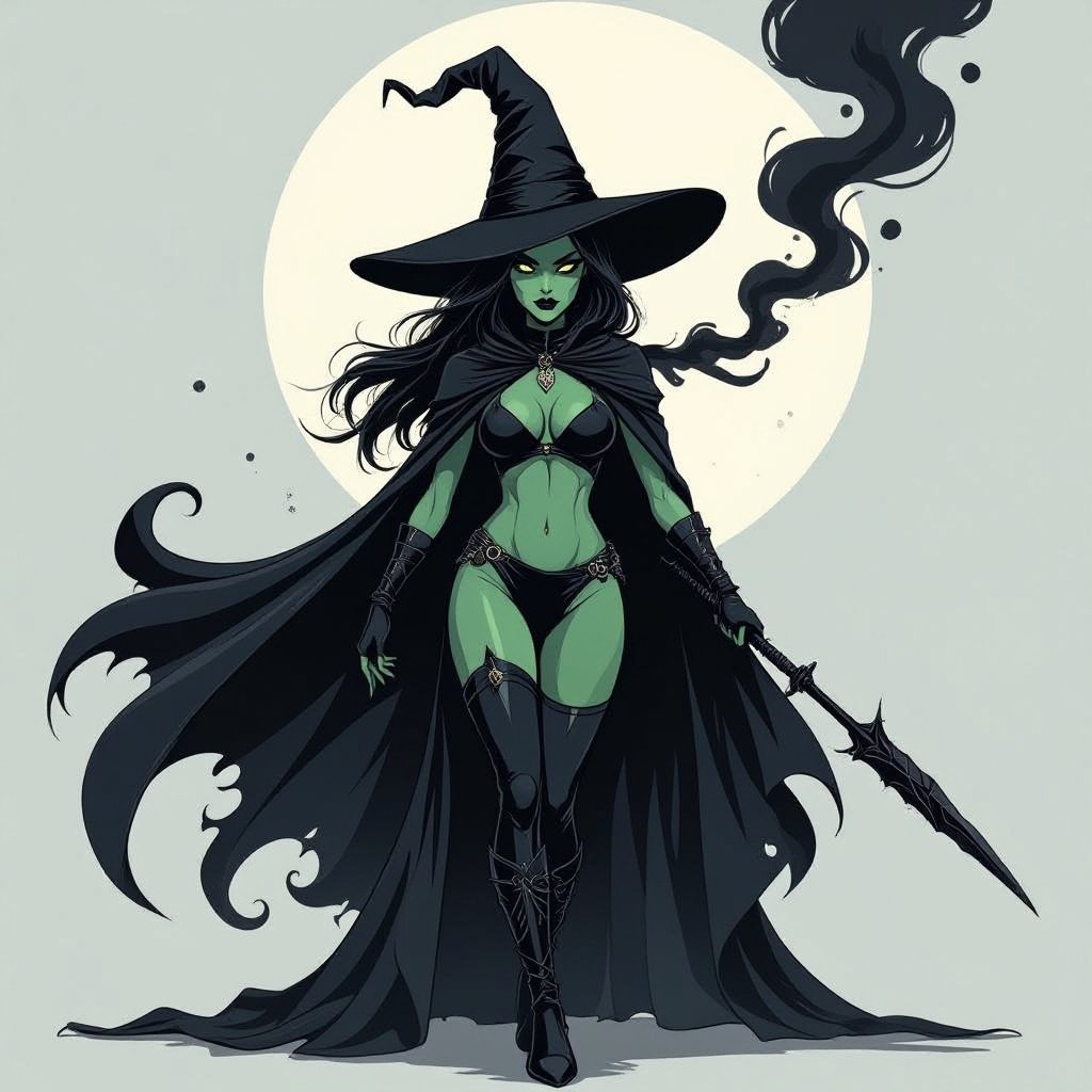 sexy shadow demon witch gypsy slate grey skin large black billowing cloak that emits darkness and shadow smoke. Two piece. Witches Hat.  Wields Black Evil Shadow Smoke Daggers