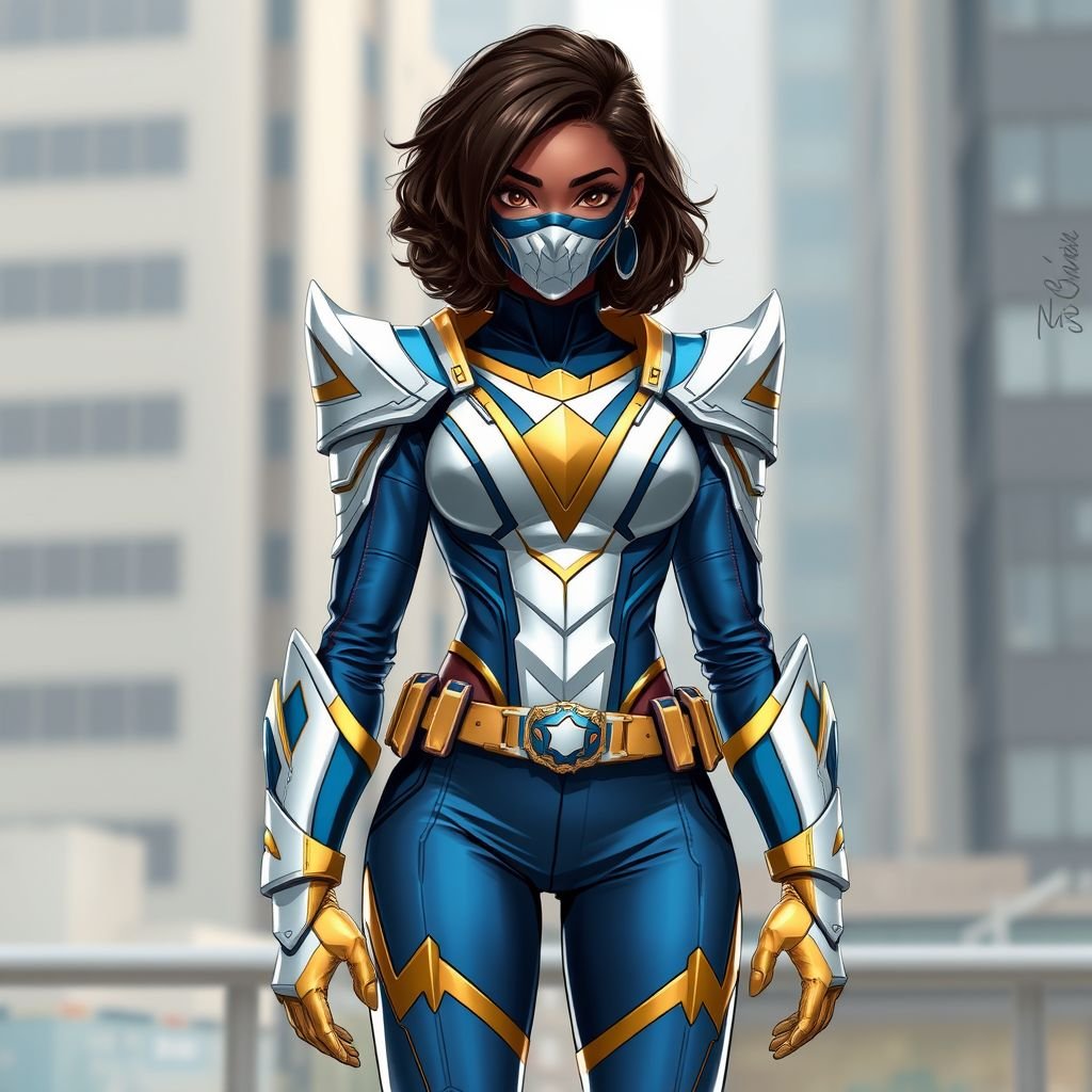 A teenage African American female with shoulder length curly hair  in a side part style superhero  wearing a  DOMINO MASK and a professionally made slightly armored white and blue suit with blue pants gold accents and a stylized V as her chest emblem a utility belt and gold boots